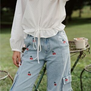 Cherry Embroidered Cargo Jeans